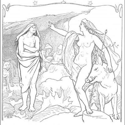 Freyja et son sanglier Hildisvíni s'adresse à Hyndla