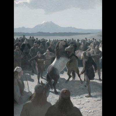 Combat de chevaux à Hlidarendi, saga de Njáll le Brûlé  - Peinture: Johan August Malmström