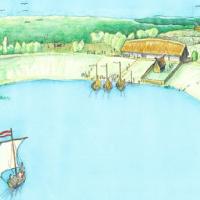 La halle viking est reliée à une grande zone clôturée qui s'étend vers le bassin du port.