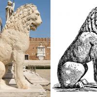 Italie - Statue du Lion du Pirée devant l'Arsenal, à Venise, et illustration issue d'un texte grec signé Tzàn Polàt Moustafâ - Photo: Didier Descouens