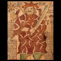 Odin avec Huginn et Muninn (image extraite d’un manuscrit islandais du XIIIème siècle)